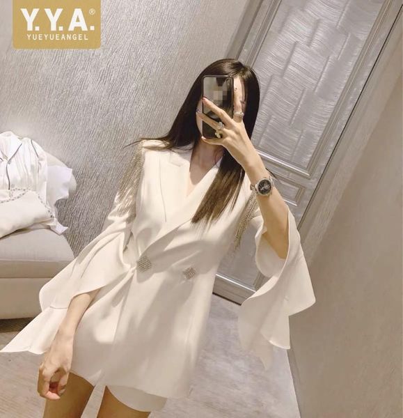 

women white blazers fashion design crystal tassel ruffle sleeve suit jacket thin section elegant ladies double breasted blazer, White;black