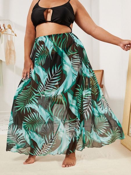 

plus leaf print cover up 18p2#, Black