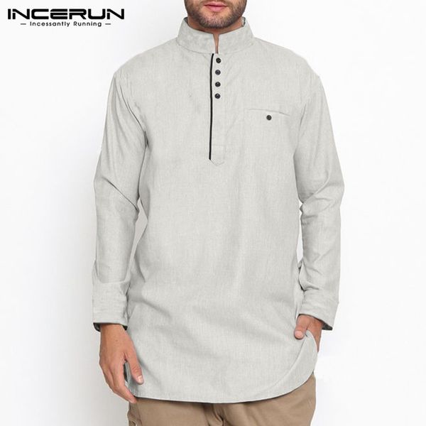 

vintage men shirt indian cotton stand collar button long sleeve solid long shirts men muslim clothes incerun 2020 plus size c0117, White;black