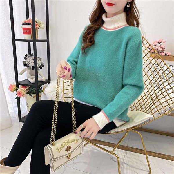 

faux knitted pullover women long hair warm fashion thick sweaters female long sleeve turtle neck winter pull jumpers, White;black