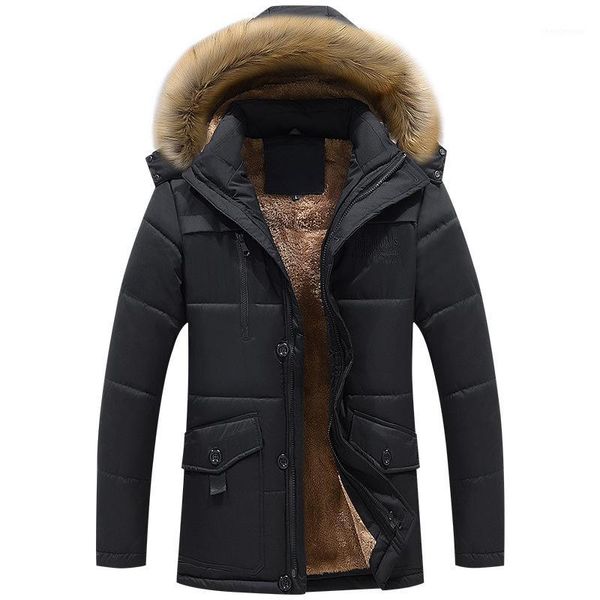 

classic velvet winter casual long style hooded cotton jackets men thick hat detachable windproof men parka zipper pockets coats1, Black