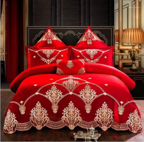 

red embroidery home textile bedding set luxury princess wedding solid color duvet/quilt cover bed sheet linen pillowcases cotton1