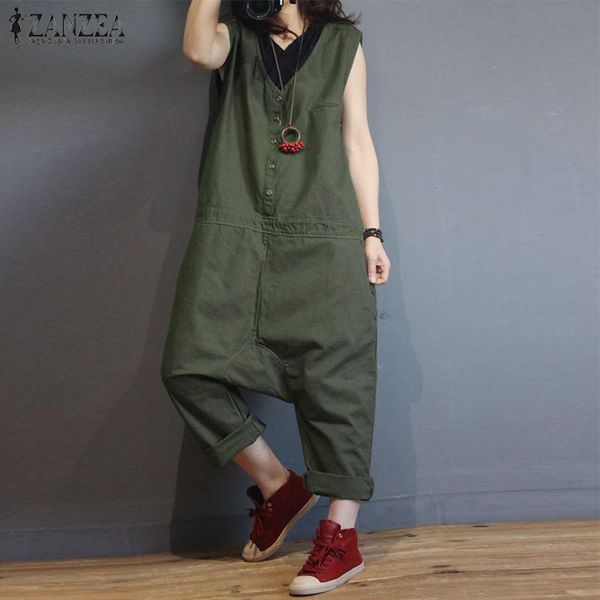 

women's jumpsuits & rompers 2021 zanzea linen overalls for women female sleeveless casual drop crotch button pants woman pantalon palaz, Black;white