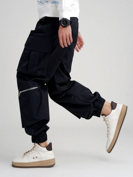 

men zip detail flap pocket side cargo pants o7fb#, Black