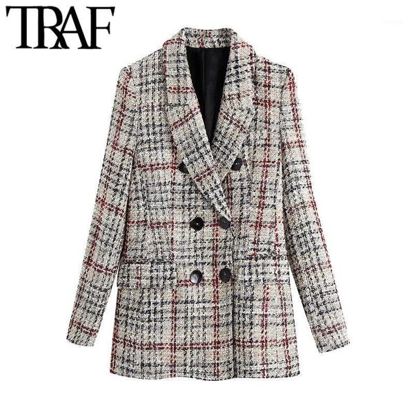 

traf women fashion double breasted tweed check blazers coat vintage long sleeve pockets female outerwear chic 1, White;black