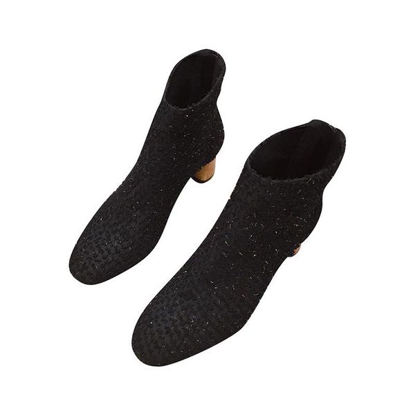 

zipper shoes round toe black boots booties ladies low heels booties boots-women autumn mid calf 2020 mid-calf high heel