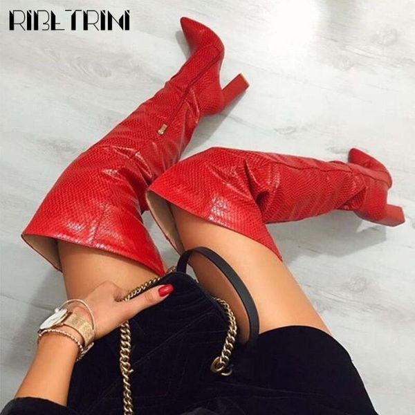 

ribetrini zipper brand block heel knee high shoes pointed toe high heels over the knee women boots brand boots, Black
