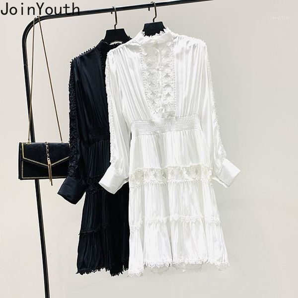 

joinyouth 2020 spring lantern sleeve chiffon dresses women stand neck slim a-line dress lace patchwork elegant vestidos 574521, Black;gray