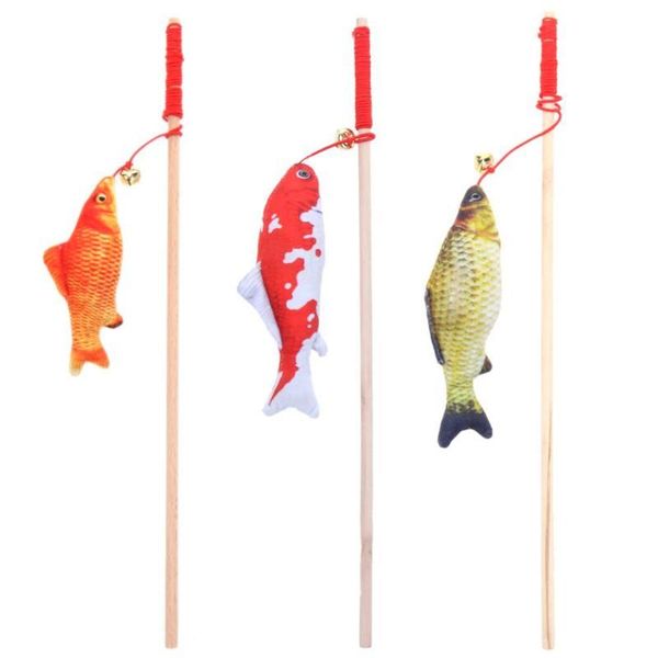 

wood cat teaser rod plush stuffed fish catnip bell sticks toys for cat kitten interactive playing pet products