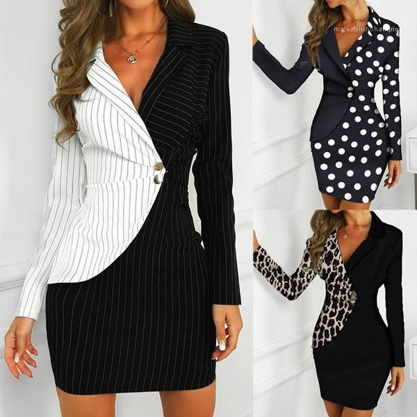 

dresses fashion women clothes womens business dress blazer neck slim fit contrast color panelled button professional, Black;gray