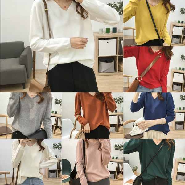 

rojdn multi color basic loose skinny v-neck solid t-shirt for women's soft bottoming comfortable long sleeve t-shirt coat waxy oxitz, White;black