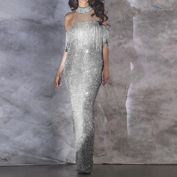

cover-ups women cold shoudler halter patchwork sequin shining mesh hollow out tassel elegant bodycon party evening dress vestidos#g31