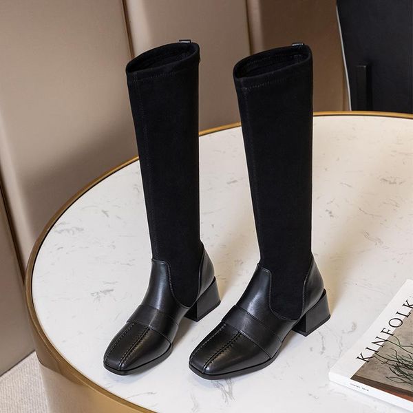 

woman flat boots autumn shoes thigh high heels high winter footwear boots-women luxury designer round toe low, Black