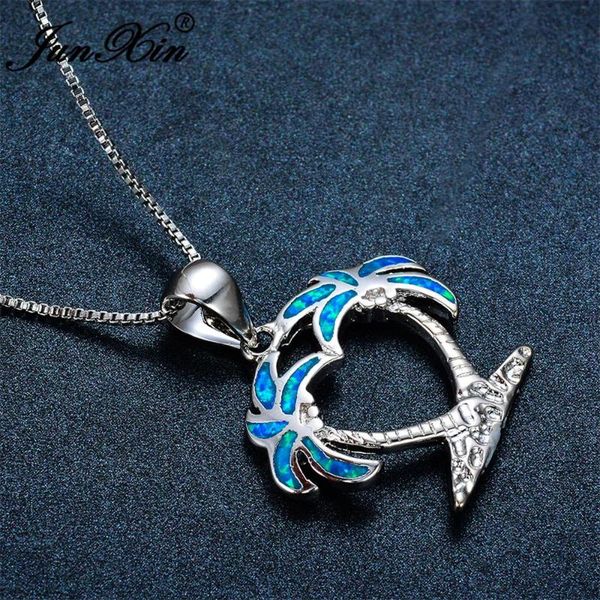 

cool female blue opal drop necklace dainty double coconut tree dangle necklaces for women cute white gold wedding necklace, Silver