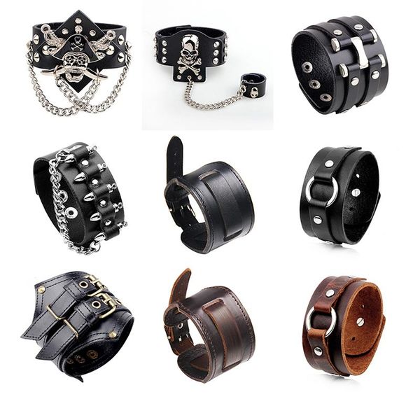 

heavy metal black brown men leather bracelet rock statement skull bracelets bangles gothic style personality charm jewelry, Golden;silver