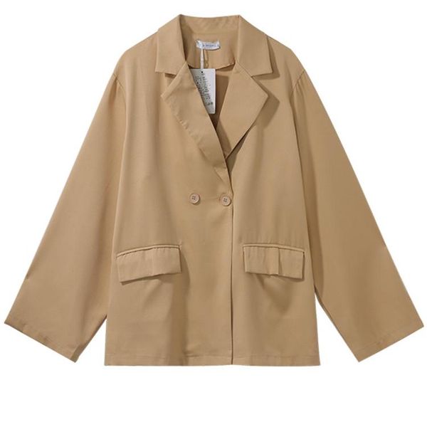 

2021 autumn new korean version women's jacket boards of large size suit loose casual mid-length coat turn-down collar v-neck, Tan;black