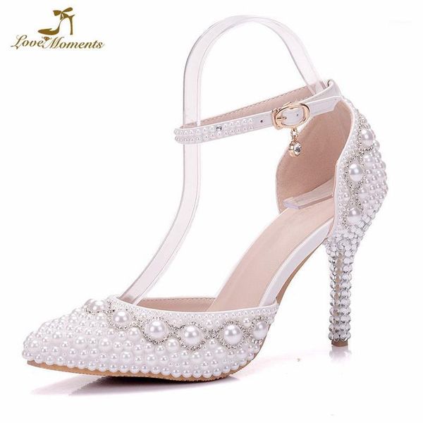 

women summer shoes white pearl diamond wedding shoes high heels pointed toe bride dress show party sandals ankle straps1, Black
