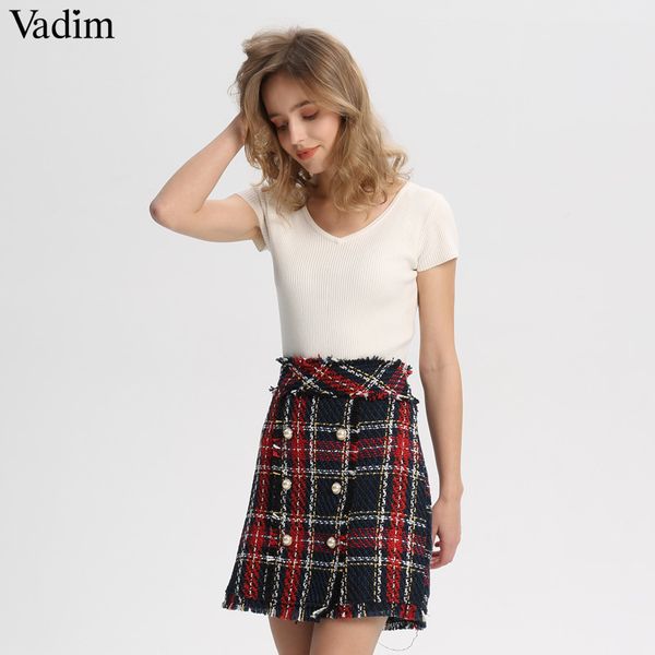 

vadim vintage plaid tweed mini skirt fringe tassel buttons back zipper faldas mujer female casual chic a line skirts ba159 t200106, Black
