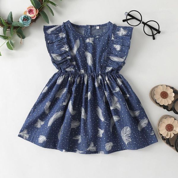 

2021 new girls printed feather round neck button hem polka dot dress summer o-neck fashion baby girls clothes, Red;yellow