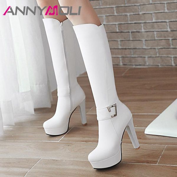 

boots annymoli winter knee high women zipper platform block heel tall buckle extreme shoes lady fall size 33-43, Black