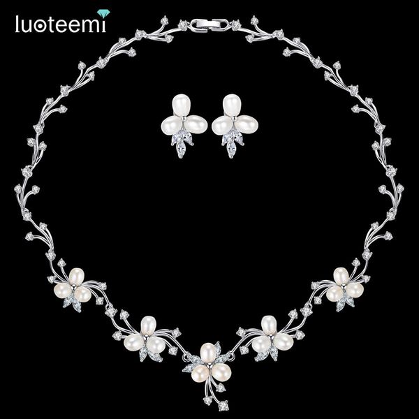 

luoteemi luxury freshwater pearl bridal silver-tone flower clear cz crystal necklace earrings set for women anniversary jewelry, Slivery;golden