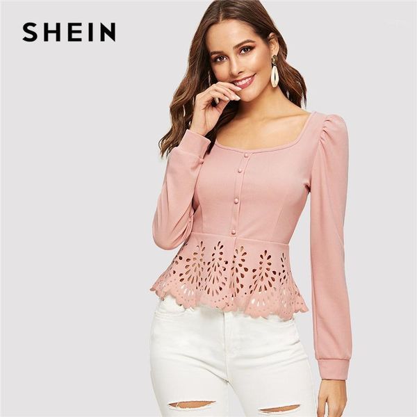 

shein button up hollow out square collar peplum hem puff sleeve blouse women and blouses spring elegant slim fit, White