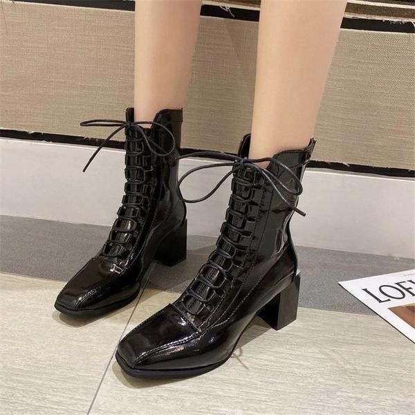 

boots 2021 autumn winter shoes women leather platform for ankle lace up botas mujer1, Black