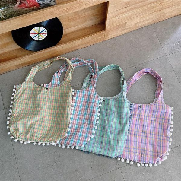 

cute fur ball ladies cloth shopping bag handbags large capacity girls casual tote fashion cotton women's plaid shoulder bags