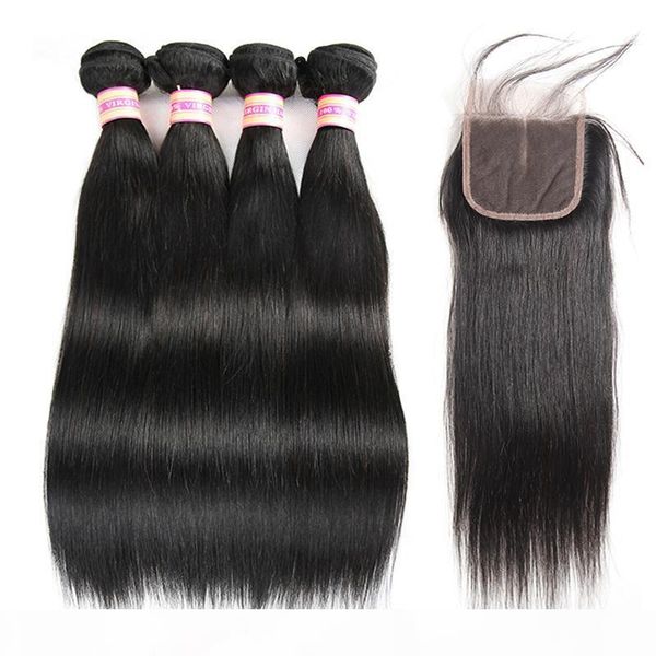

indian malaysian peruvian brazilian unprocessed virgin hair straight 3 or 4 bundles with closure natural color human hair lace closure, Black;brown