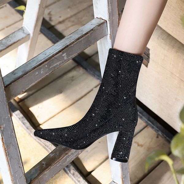 

2021 new fashion banquet are skinny sexy, heels and shiny suede strass boots pc1r, Black
