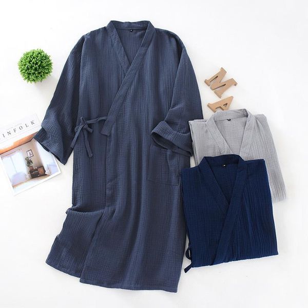 

men's kimono nightgown cotton crepe mens robe loose bathrobe male blue grey cardigan home wear clothes sleepwear men robe1, Black;brown