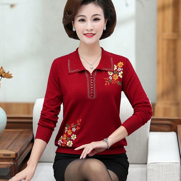 

2021 new middle-aged women spring autumn mother clothes new fashion embroidery lapel long-sleeved knitted sweater db4t, White;black