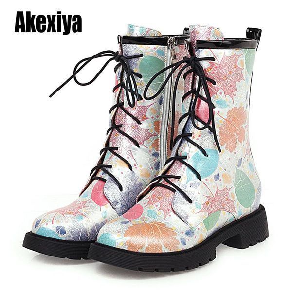 

lace up leaf pattern boots women round toe ankle boots for women short plush winter shoes botas mujer w025, Black