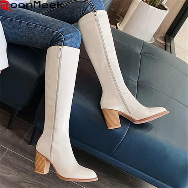 

boots moonmeek 2021 winter knee high thick heels round toe with zip women ladies shoes black rice white