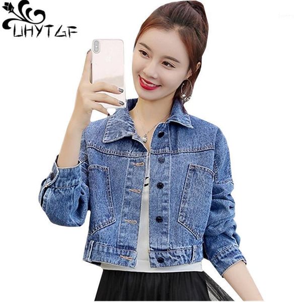 

uhytgf women's denim jacket loose plus size coat new long sleeve student spring autumn jacket elegant female short outerwear 5021, Black;brown