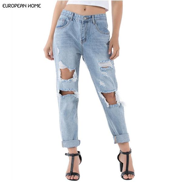 

women's jeans summer woman clothes plus size streetwear light loose high waist fashion casual hole denim cross pants t102, Blue
