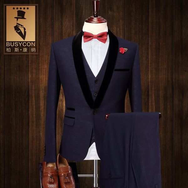 

slim fit 3 pieces elegant dark royal blue tuxedos for men stage wear groom wedding suit lates coat pant design, White;black