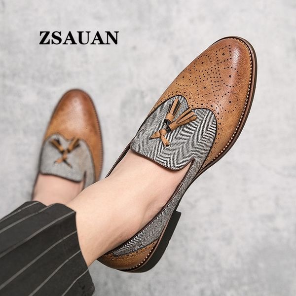 

zsauan semi-formal leather shoes for men tassel casual brogue flats carved england men dress shoes men loafers dropshipping, Black