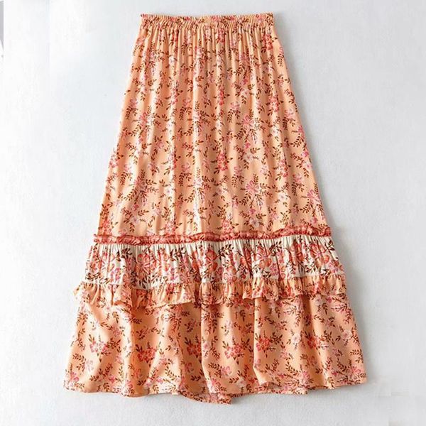 

flowing floral orange skirt women ruffle hem cute long skirt 2020 new spring summer skirt for women faldas, Black