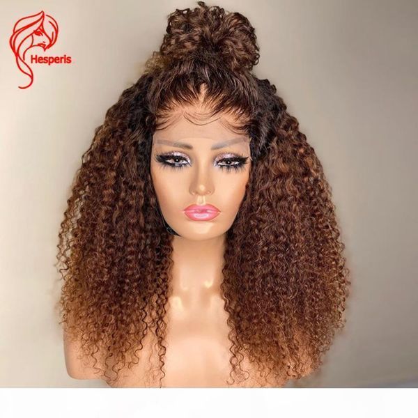 

hesperis ombre curly human hair wigs pre plucked brazilian remy 5x5 scalp closure wigs ombre silk base curly hair, Black;brown
