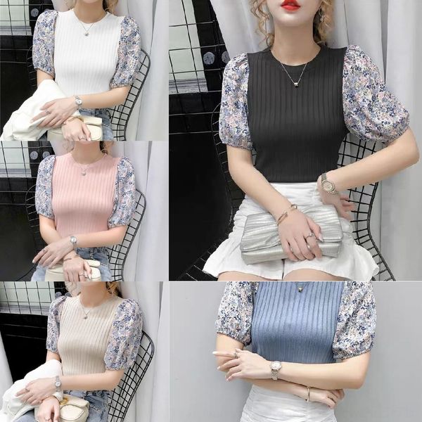 

8ryov coat short knitted t-shirt printed bubble sleeve summer thin women's sleeve waist slim fit 2020 t-shirt patchwork zqtei, White;black