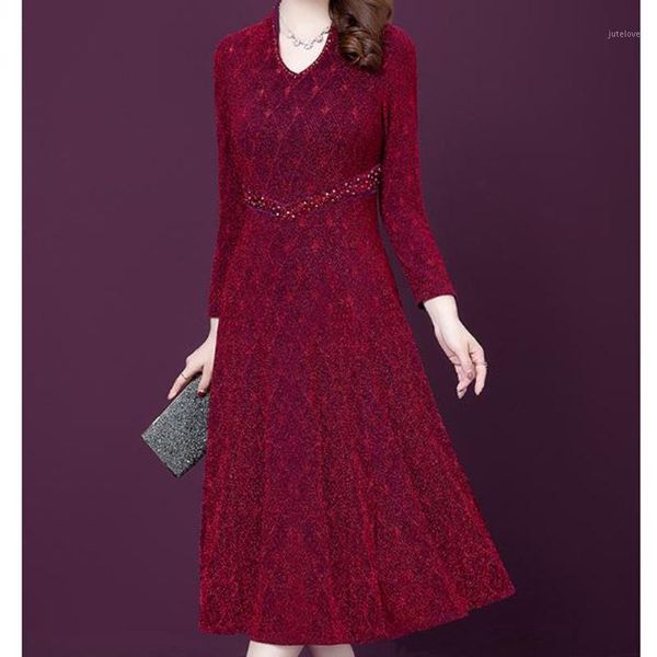 

long sleeve v neck elegant loose midi dress spring new arrival loaded rhinestone noble temperament a-line dress1, Black;gray