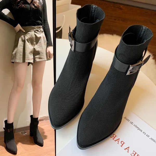

new 2020 knitting leather martin boots autumn winter square high heels ankle boots female slip on buckle women shoes woman, Black