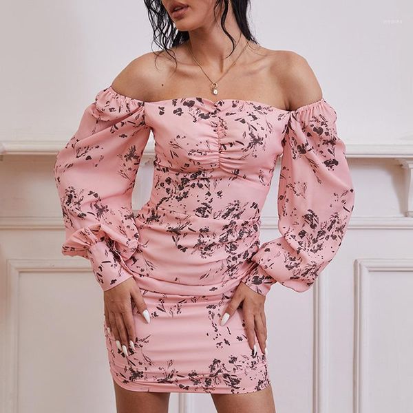 

puff sleeve party dress women summer off shoulder bodycon dress floral print tight mini ruched pink dresses1, Black;gray