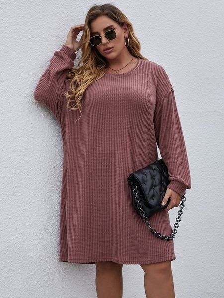 

plus waffle knit drop shoulder tee dress o4w5#, Black