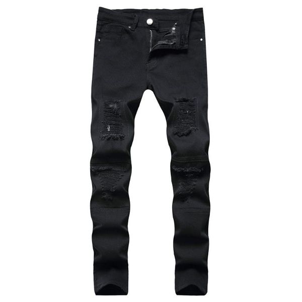 

men's hole elastic jean pants solid cotton thick zipped skinny ripped trousers streetwear hip hop destroyed pencil jeans j0121, Blue