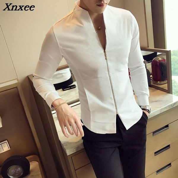 

mandarin collar shirts red club outfit mens blusas masculinas camisa social slim fit stand collar mens zipper shirts1, White;black