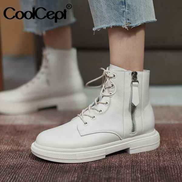 

boots coolcept genuine leather woman ankle zipper cross strap flats winter shoes casual office lady footwear size 34-40, Black