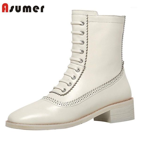 

boots asumer 2021 genuine leather shoes women cross tied zip low heel casual fashion ankle women1, Black