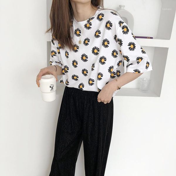 

oversize sunflower print woman t-shirt summer slim long loose round neck t-shirt casual half-sleeved white woman